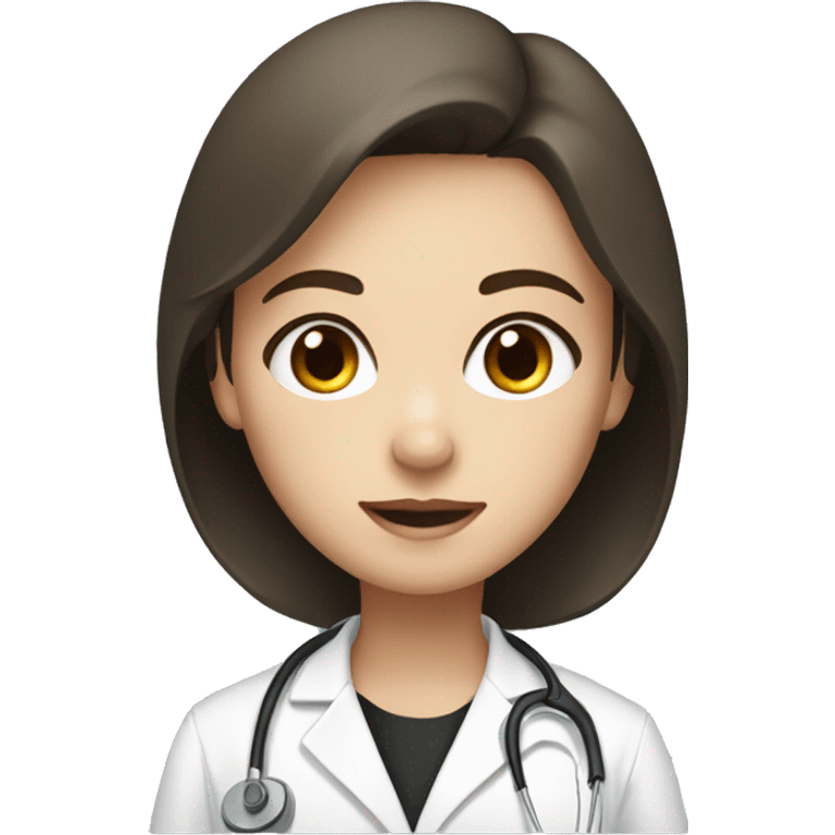 A girl with short brown hair and eyes, white skin, wearing a black scrub with a lab coat  emoji