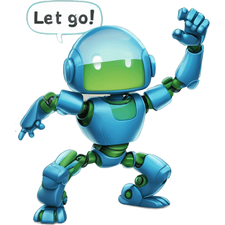 A comic panel with the  blue and green robot rabbit in a dynamic pose, speech bubble saying something empowering like "Let's Go!" or "Power Up! emoji