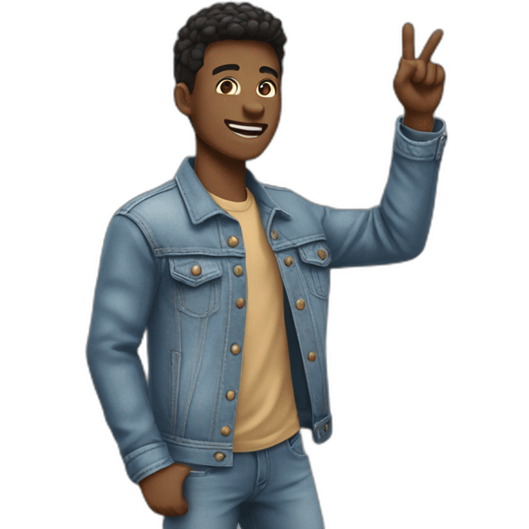 Cool person in denim jacket pointing upward from left hand skin color light. Make look face with emoji emoji