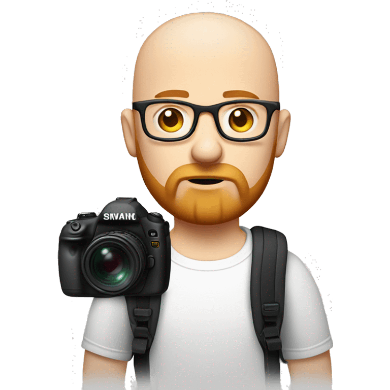 bald man with ginger beard and black thin glasses, sad face, white t-shirt, backpack with camera on his shoulder emoji