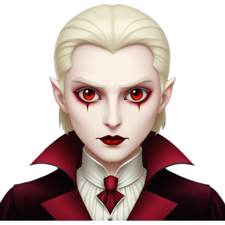 Cinematic Noble Vampire Portrait Emoji, Elegant and commanding, with a refined, pale visage framed by dark, velvet accents and a hint of crimson, exuding timeless seduction and dangerous allure, simplified yet exquisitely detailed, glowing with a soft nocturnal radiance and a subtle, mysterious outline that captures the regal spirit of an immortal lord of the night! emoji