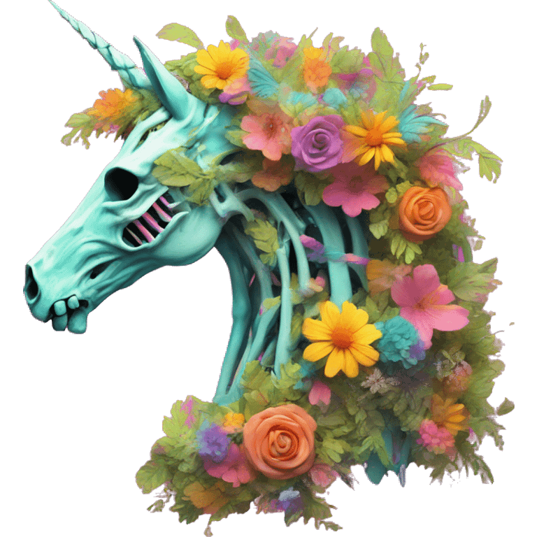 Zombie Pegasus unicorn skeleton psychedelic flowers floral groovy art neon rave raving emoji