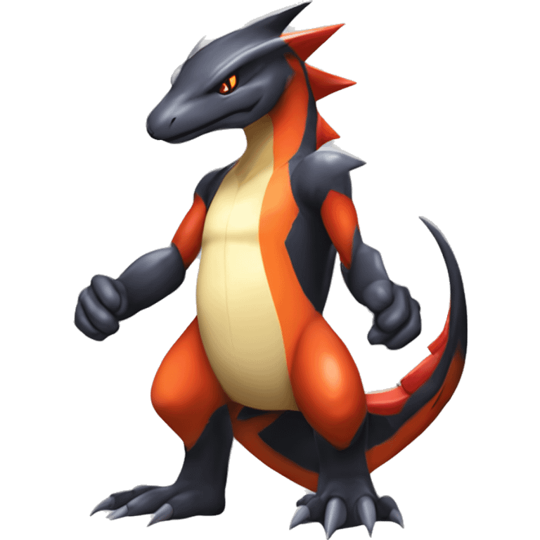 Black, Red, Orange, Beige, Modern, Cool, Edgy, Badass Punk-style Garchomp-Charmeleon-Sergal Fakémon-Digimon with sharp edgy striking detailed stripe-markings,  full body emoji