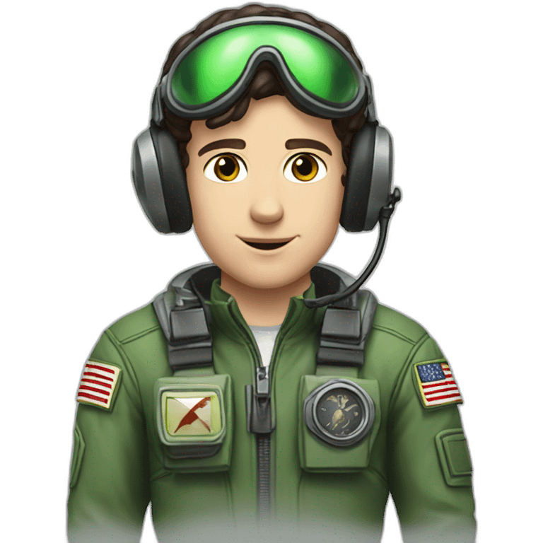 A young white man with dark brown hair and brown eyes in a pilot suit and wearing a green Pilot headset emoji