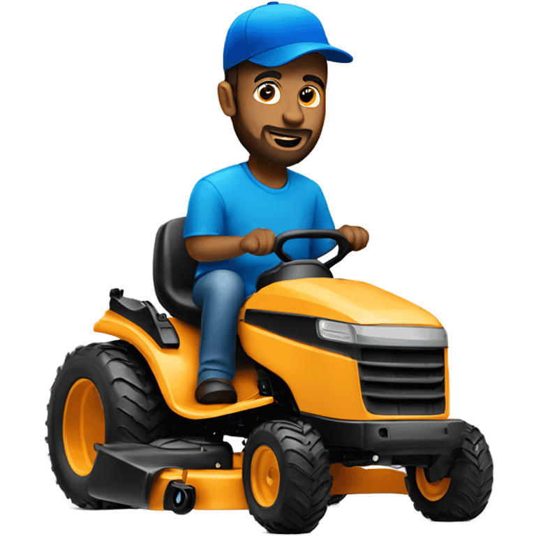 Bigger man with short beard and blue hat riding lawn mower  emoji