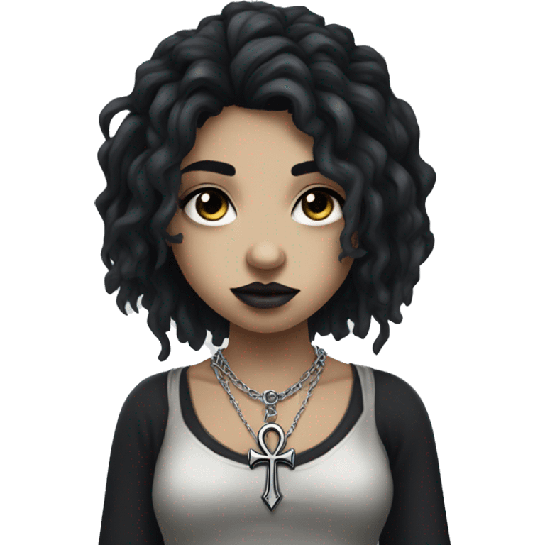 Pale gothic girl with messy black hair and black eyes wearning a silver ankh necklace emoji