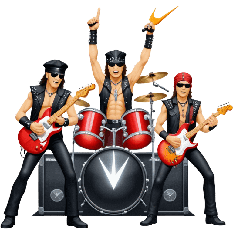 Icon for Rock Music: Scorpions live concert on stage with electric guitars, drums, and a powerful spotlight. Klaus Meine at the microphone, Rudolf Schenker and Matthias Jabs playing guitars, dynamic stage presence, and electric energy. Transparent background. emoji