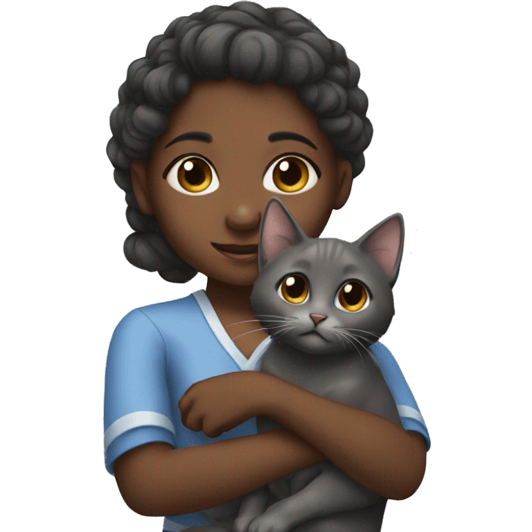 dark-skinned girl hugs a gray kitten with a bow emoji