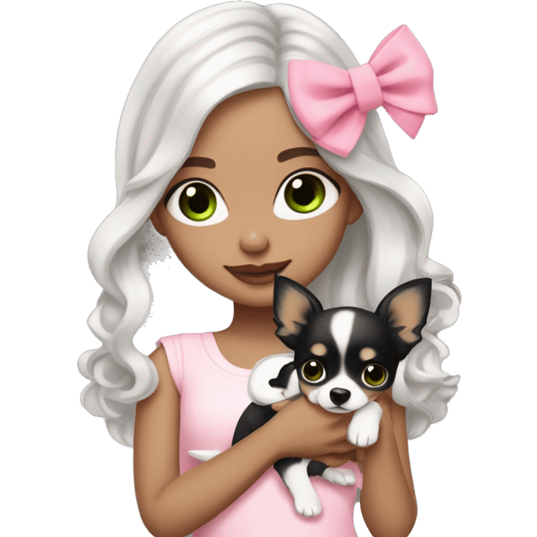 pale brunette ￼girl with short platinum Latina  wavy hair with bright green eyes and wearing a light pink hair bow holding a black and white long haired chihuahua puppy also wearing a hair bow emoji