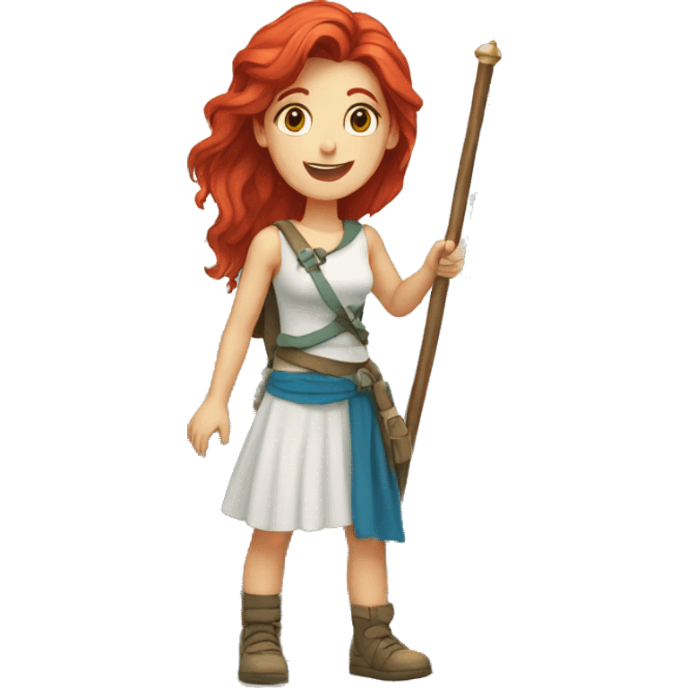 a red hair female holding greek flag on mountain summit  emoji