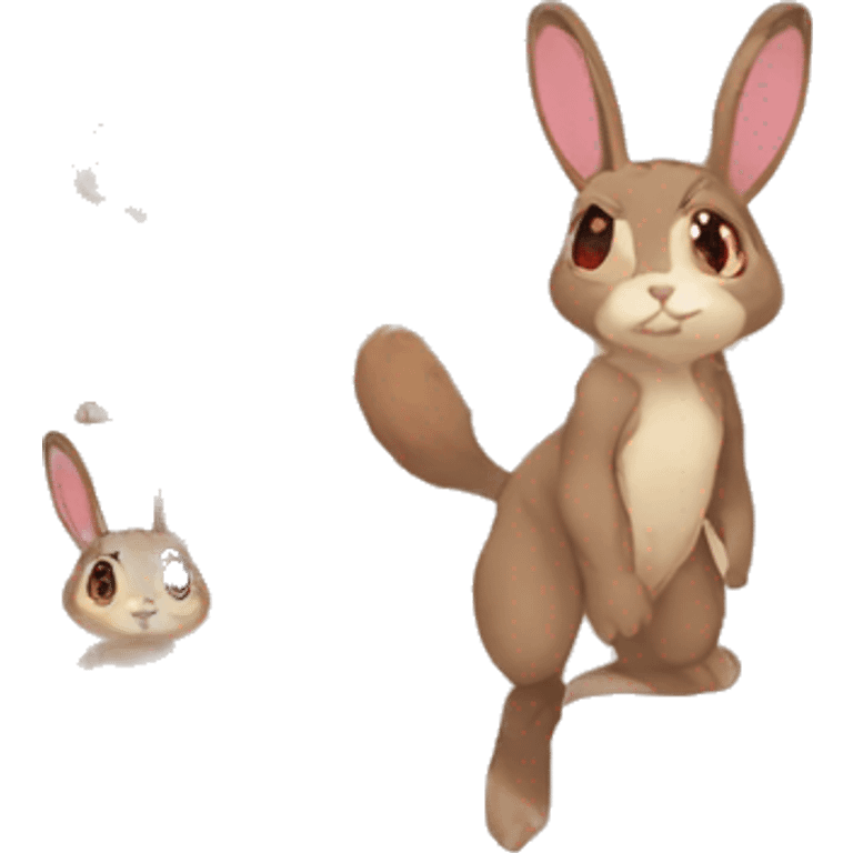 Anthro, Fur-Sona, Dark-Brown, Normal-type-Ground-type Tan-Rabbit-Fakémon with Dark-Red eyes, beige ears, beige belly, beige paws, beige feet, beige freckles, full body emoji