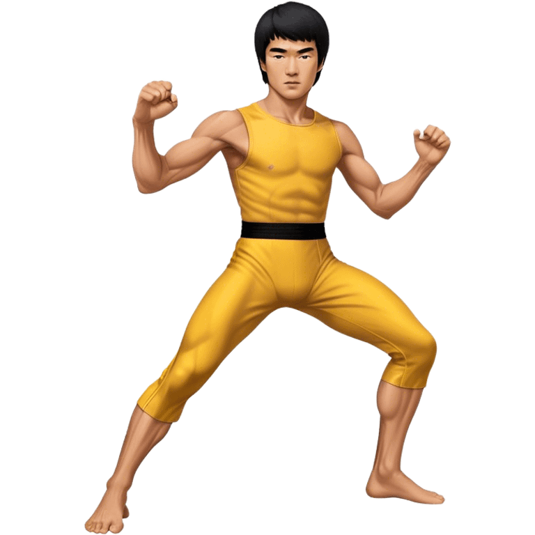 Cinematic Realistic portrait of Bruce Lee, shown as a legendary martial artist in a dynamic, powerful pose with modern athletic attire and finely detailed muscle definition, rendered in dramatic action lighting emoji