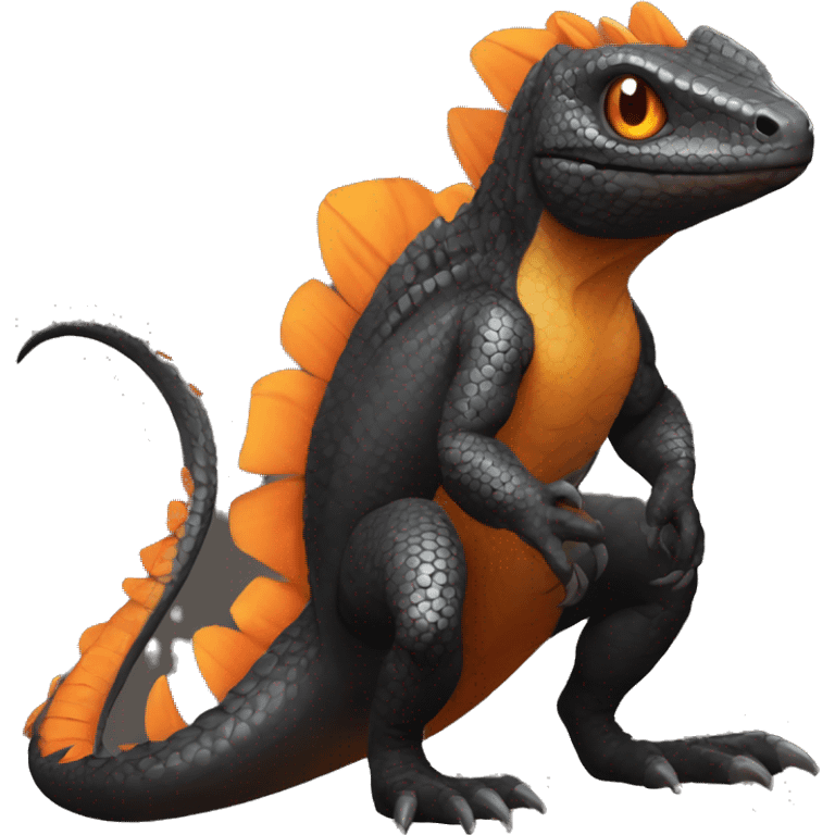 Black Shiny Lizard-Reptile-Raptor-Fakémon with Orange belly Full Body emoji