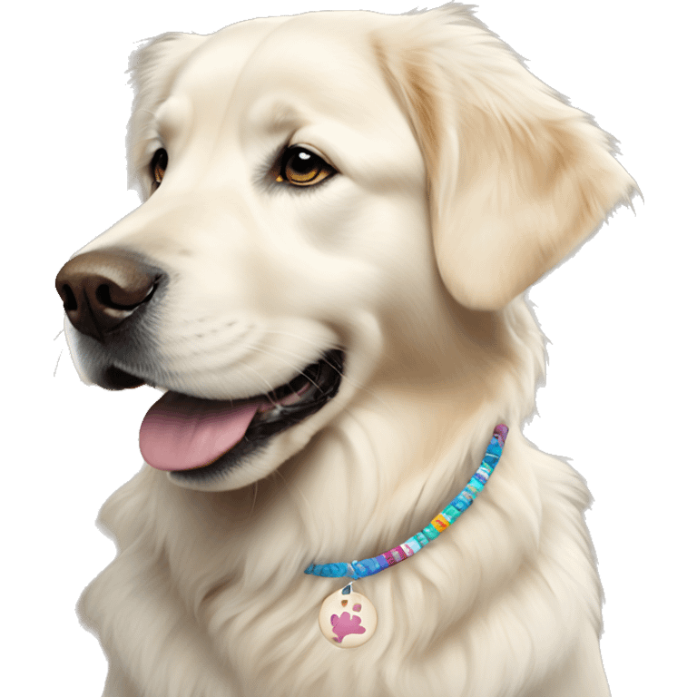 White golden retriever wearing a friendship bracelet emoji