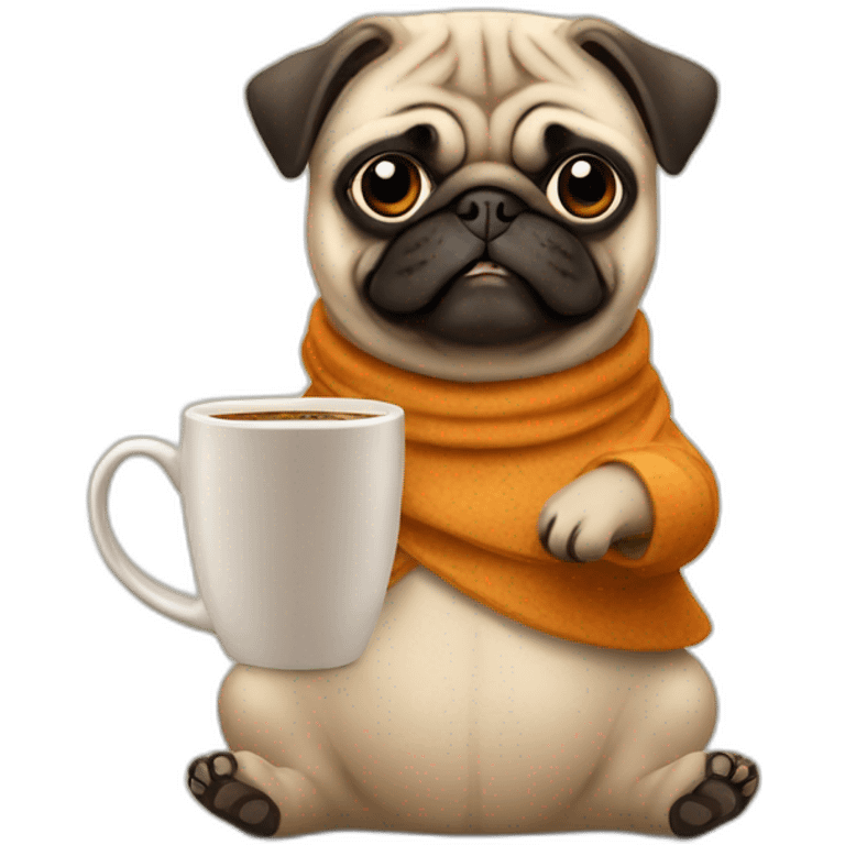 Pug in an important costume with a mug of coffee emoji