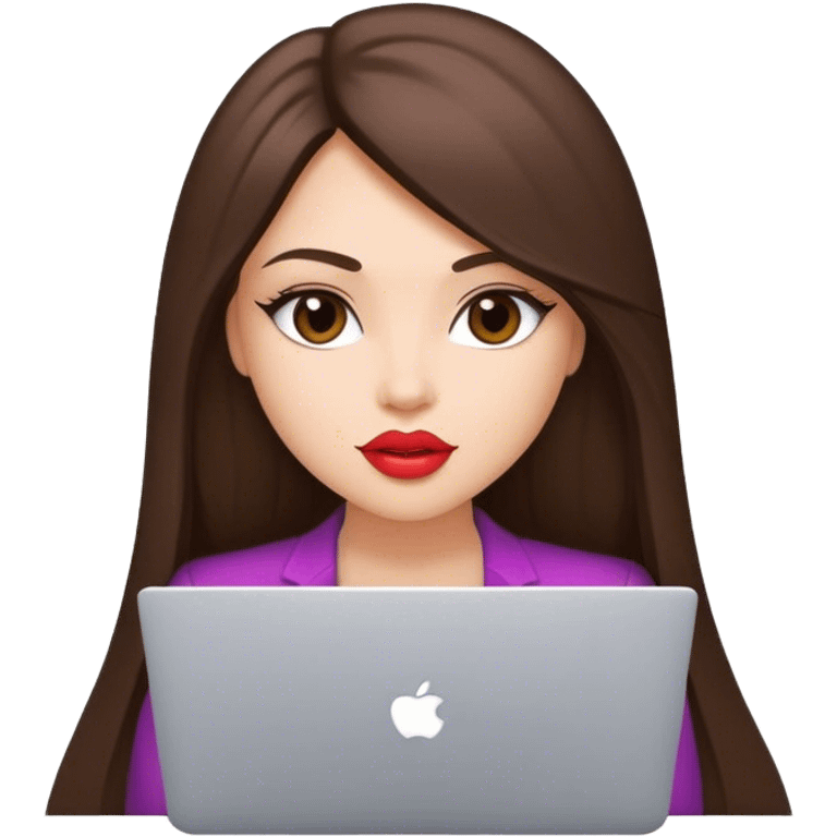 Glamour, with plump lips, beautiful sexy girl, with long straight brunette hair, with laptop emoji