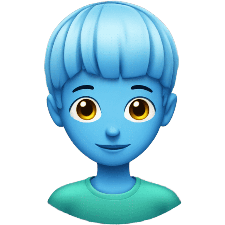 Boy with blue hair in a bowl cut and glue on their face emoji