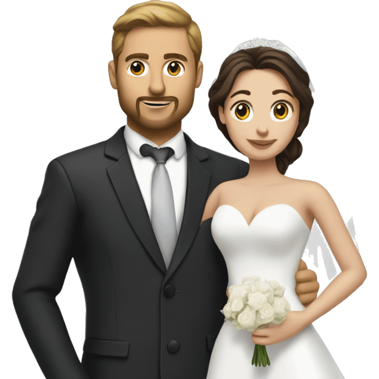 Brunette man with facial hair in a suit holding a brunette woman in a white wedding dress emoji