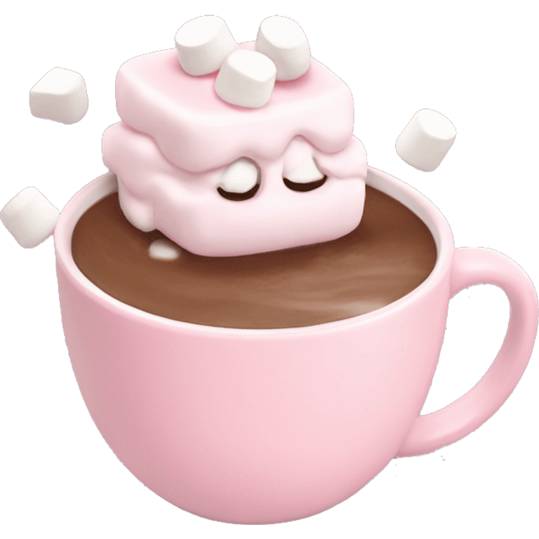 pastel pink mug with  hot chocolate and mini marshmallows  emoji