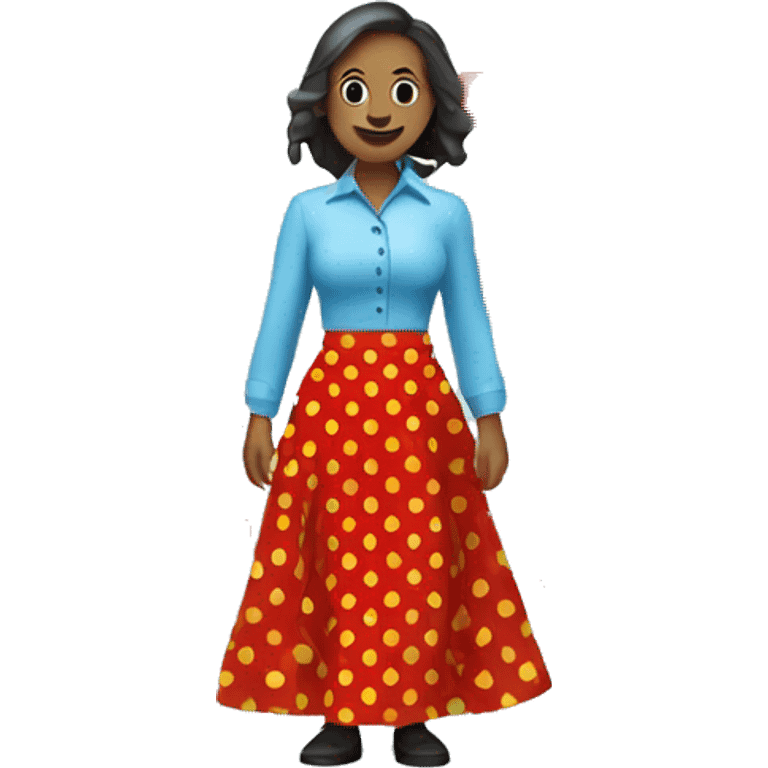 The costume consists of a sky blue shirt with a red apple on the steel, a yellow inner shirt, and a long red skirt with white polka dots. emoji