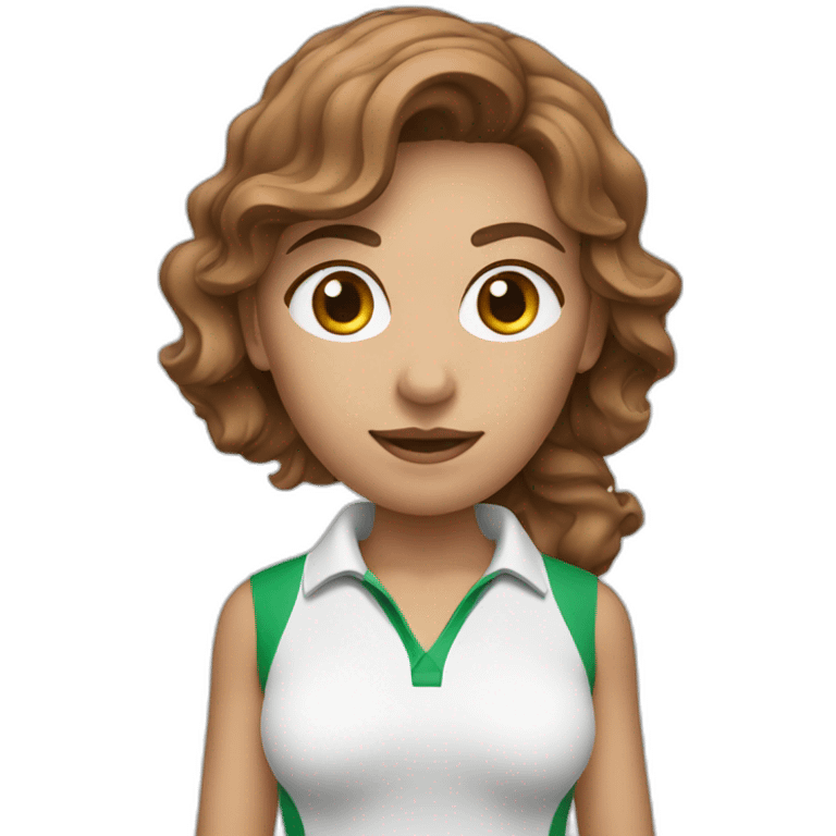 female with brown wavy hair dressed in golfwear holding golf ball emoji