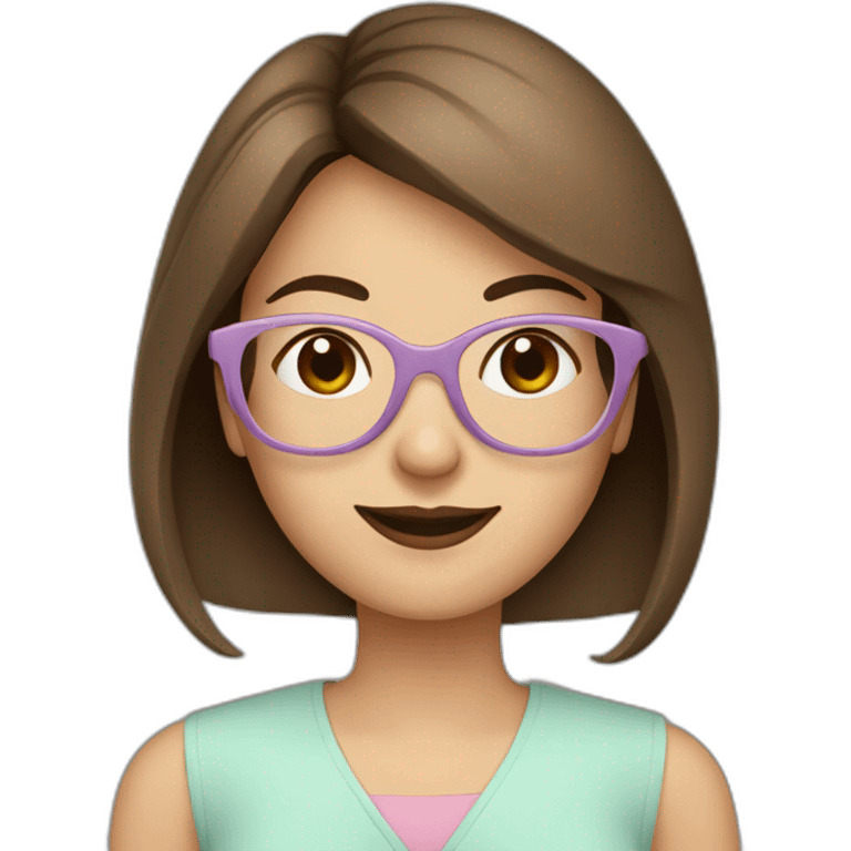 A beautiful teacher with straight brown hair and pastel-colored glasses emoji