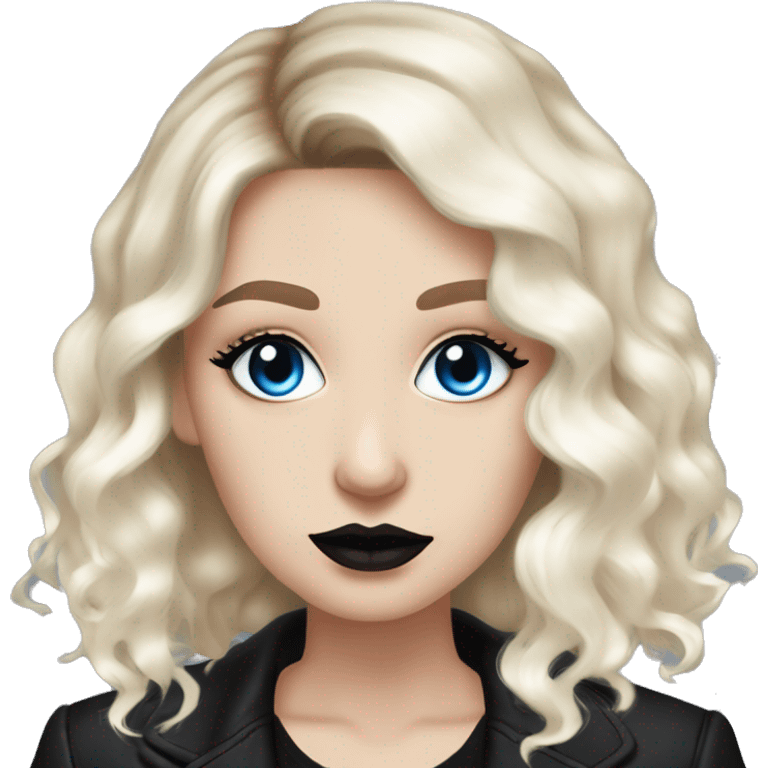 Slavic adult woman, goth eyes makeup, pink lips, blue eyes, medium bob black-to-blonde ombre wavy hair, white T-shirt and black office jacket. emoji