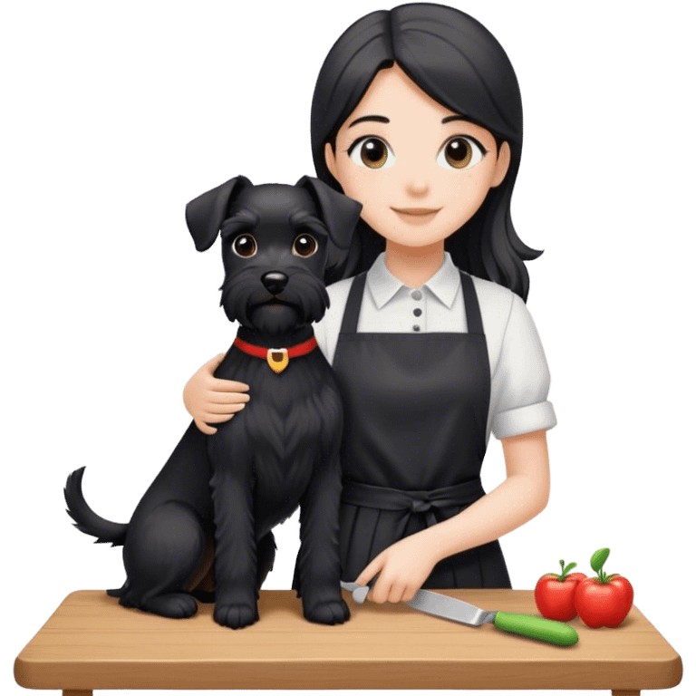 pale smiling girl with long back hair wearing black long shirt wearing apron holding black  schnauzer emoji