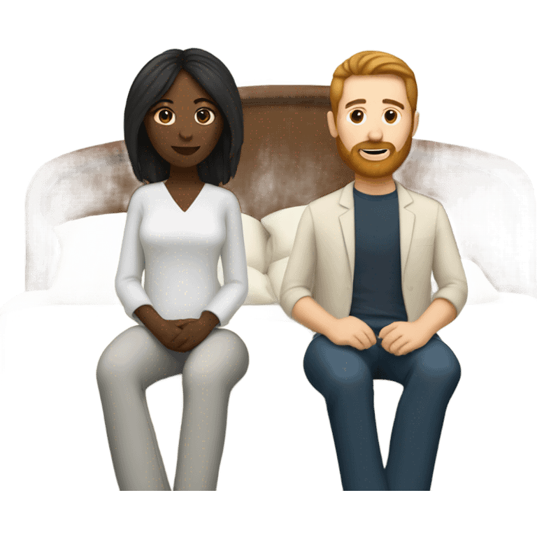 Black woman with straight hair sitting in bed with white male with brown hair and beard  emoji