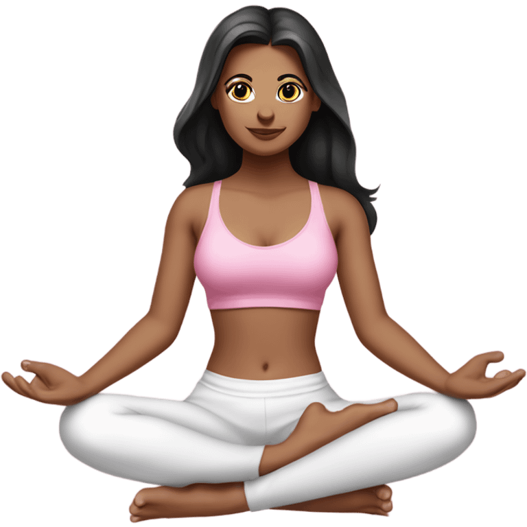 A white girl with brown eyes and black long hair,  is sitting in a lotus position in a pink bra top and short white skirts emoji