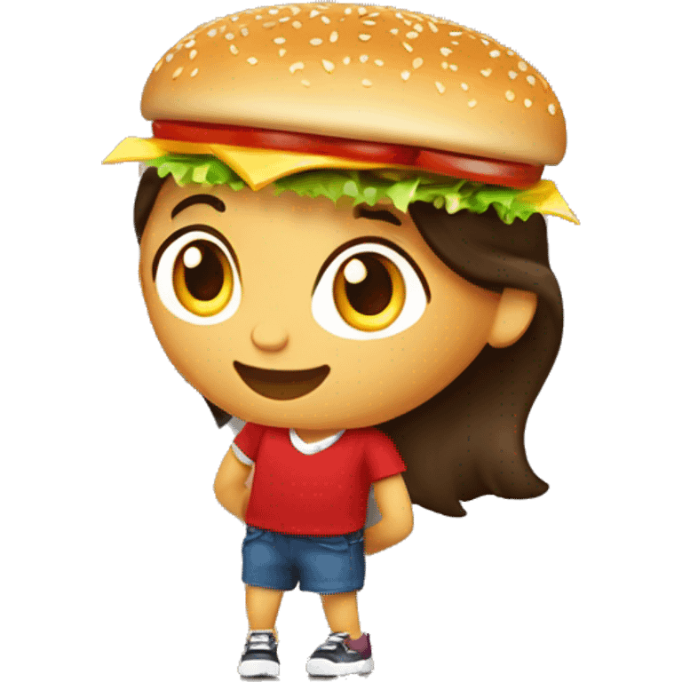 Fille brune contente debout qui mange un burger macdo  emoji