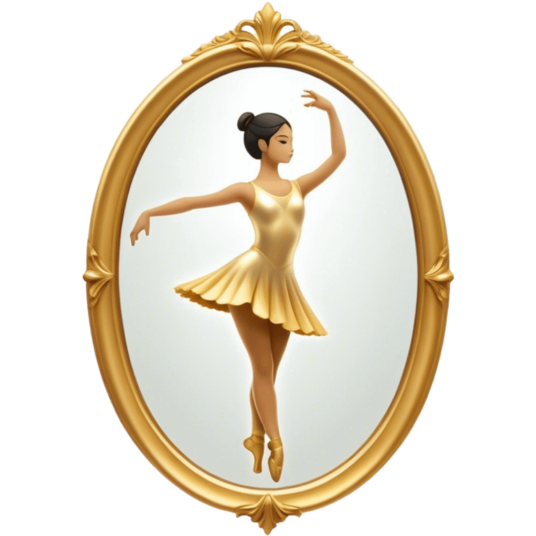 Cinematic Realistic Mirror, a large, ornate mirror reflecting a dancer’s poised silhouette, soft golden light creating depth, slight smudges on the glass adding realism, glowing with a timeless and artistic presence. emoji