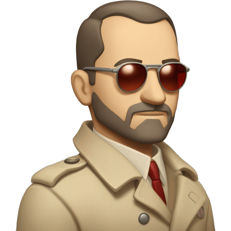 1930s investigator, a Caucasian man with short, buzz cut dark hair and a rough beard, wears tiny red-tinted sunglasses and a dirty beige trench lab coat. He has a serious demeanor. emoji