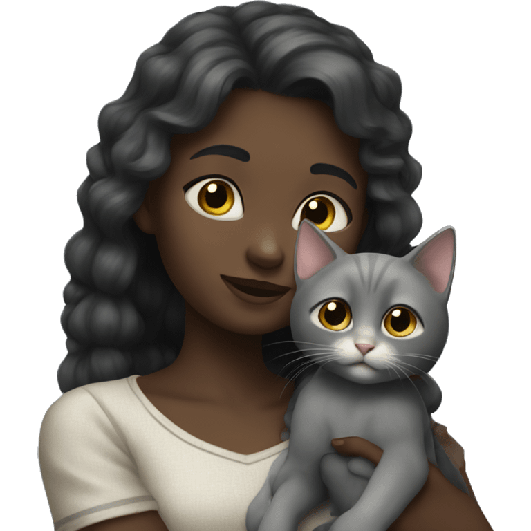 dark girl hugs a gray kitten with a bow emoji