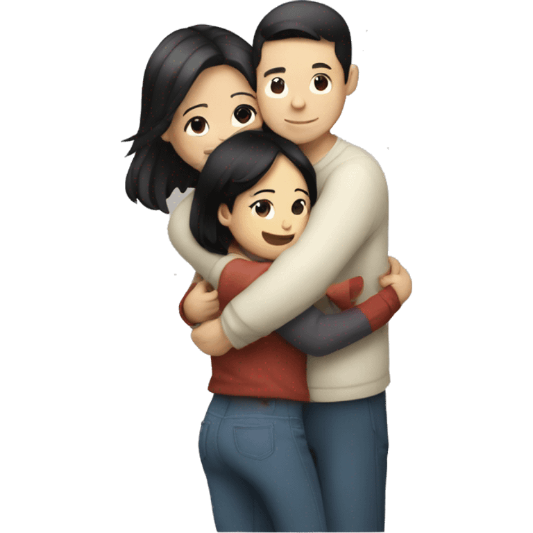 Asian boy and white girl black hair hugging emoji