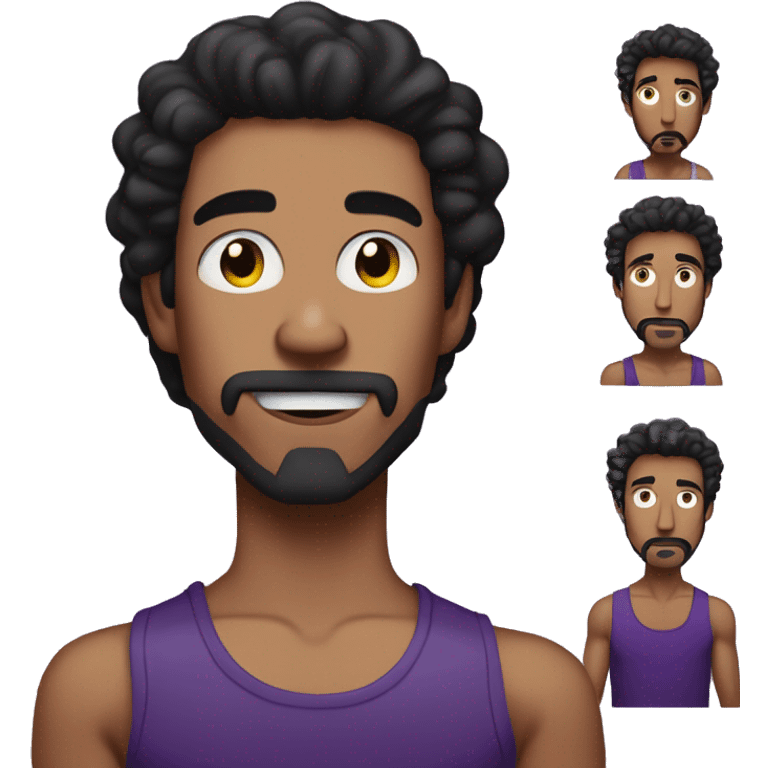 tanned, skinny, young man with long curly black hair, a goatee that's only on the chin, a big nose, black lipstick and wearing a purple tanktop emoji