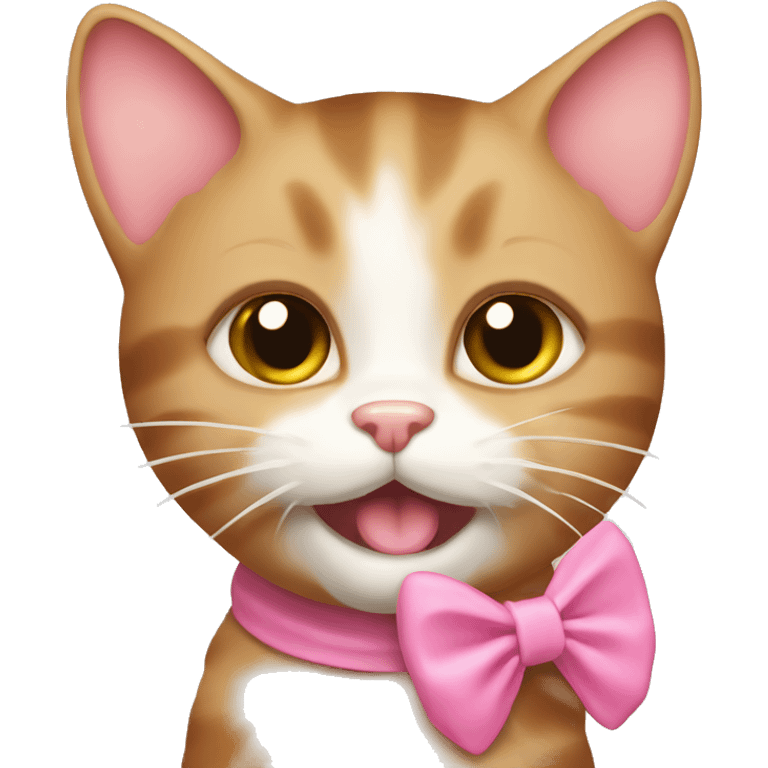 light brown kitty cat with pink bow licking milk off emoji