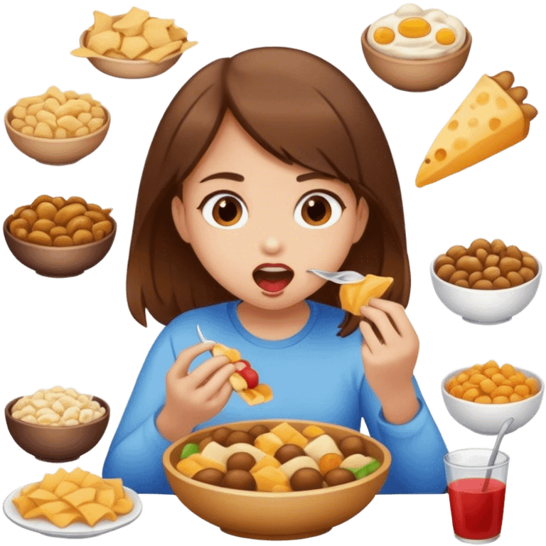 Girl with brown hair eating a lot of food emoji