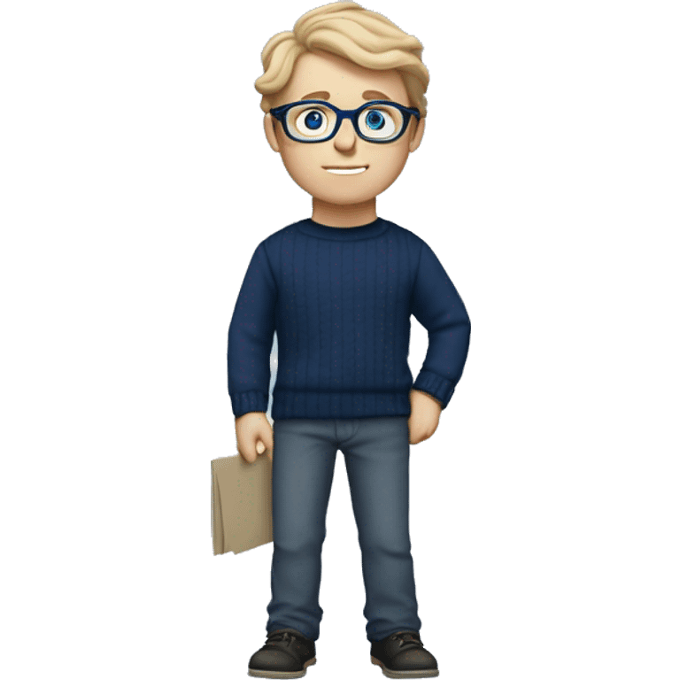 caucasian white boy with dark wavy  hair, blue glasses, and carrying design paper plan because he is an architect carrying a pencil and a set model maquette. wearing a navy blue long sleeve sweater shirt. smart.  emoji