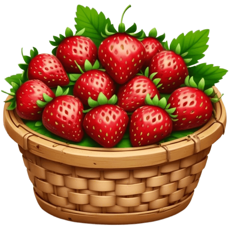 Cinematic ripe strawberrie, deep red, glossy with tiny seeds, green leaves still attached, gathered in a rustic basket, warm glowing background, fresh and sweet. emoji