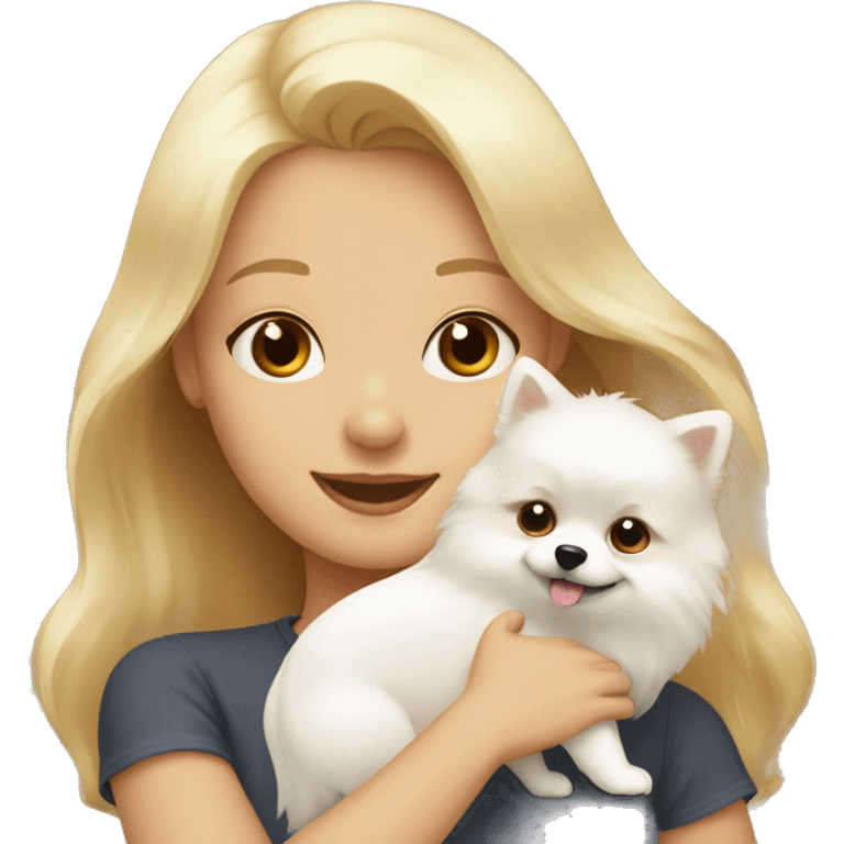 Blond girl hugging white Pomeranian and brown Pomeranian  emoji