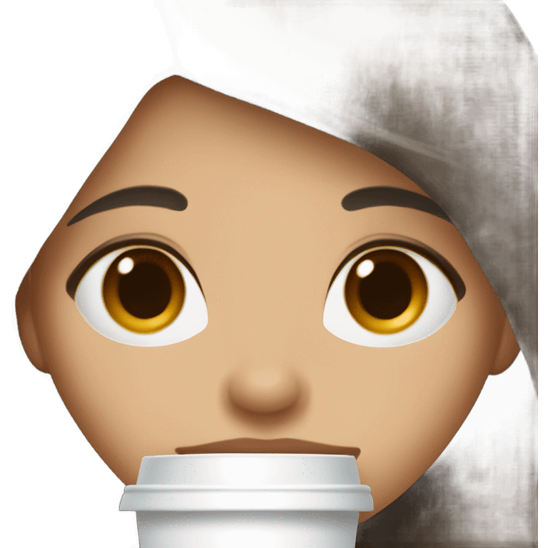 A girl with brown hair with dark gray highlights, fair skin, long, soft, beautiful hair, soft lips, brown eyes, drinking coffee, and a small nose. emoji