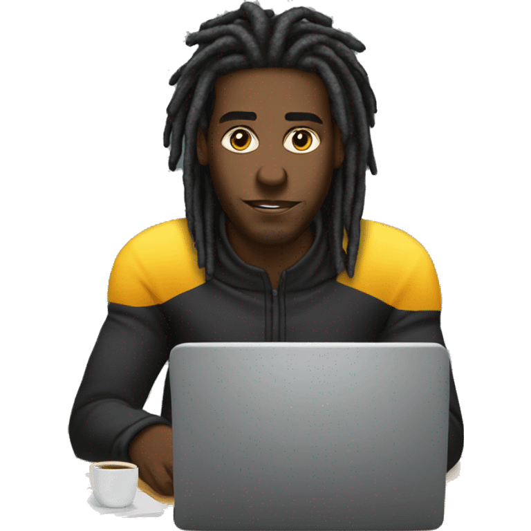 Black-guy-with-dreads-wearing-black-trackstuit-sitting-down-on-chair facing-foward-focused-on-laptop-computer- emoji