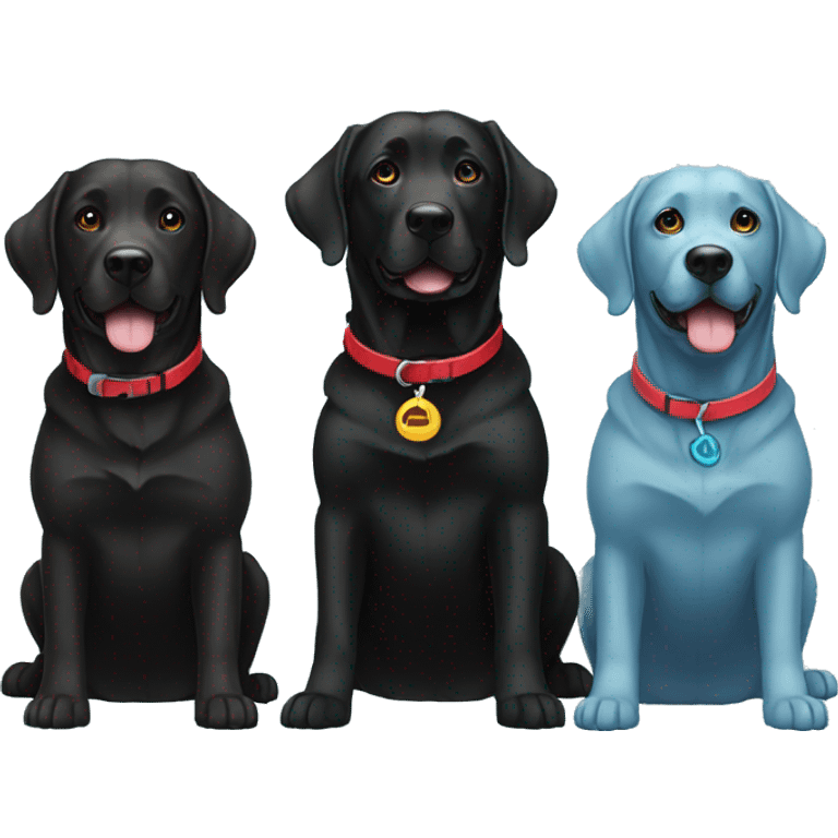 2 happy adult black labradors side by side, bigger dog with red collar, other dog with light blue collar emoji