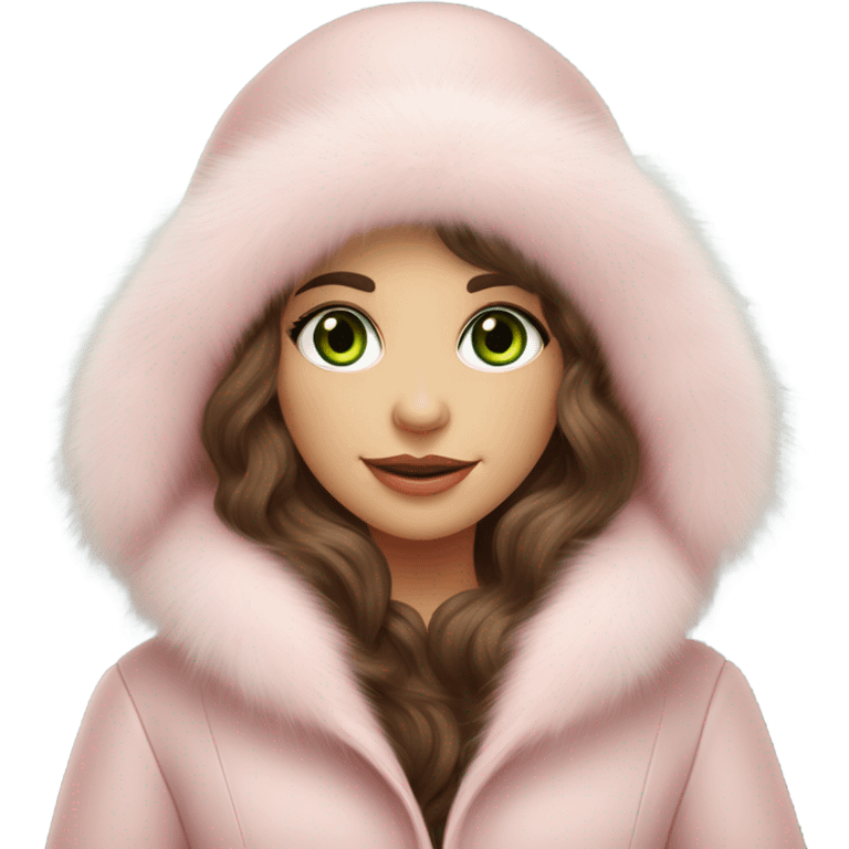 Beautiful Slavic green eyes girl with brown wavy long hair in a big light pink fur hat and matching Mink fur coat emoji