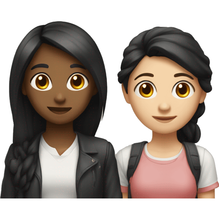 2 girls are standing side by side, one of them has long black hair and an oval face, the other has short black hair and a round face. Both are university students. emoji