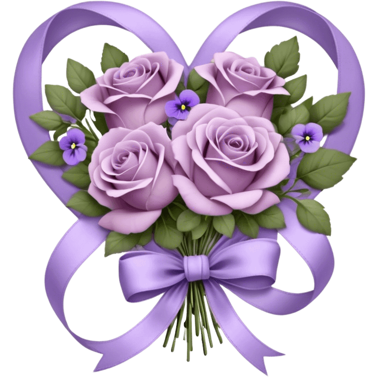 A vintage bouquet of wilted mauve roses, delicate violet pansies, and fragrant lavender sprigs is gently wrapped in soft lilac silk ribbons, tied into a loose, romantic bow, with a small heart-shaped locket resting among the petals, whispering secrets of a love long past emoji