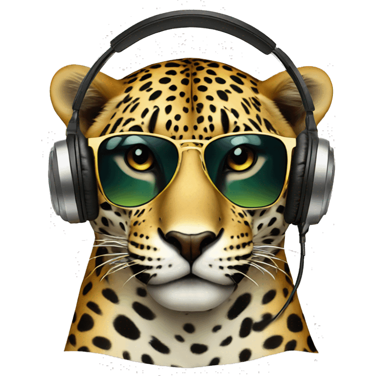 handsome jaguar dj, emoji head, looking forward, wearing cool sunglasses, wearing over-ear headphones on top of head emoji