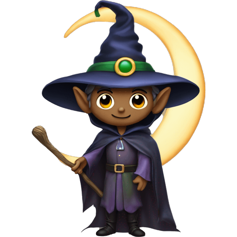 Elf male wizard a crescent moon hat, holding a bat, Halloween theme, emoji emoji