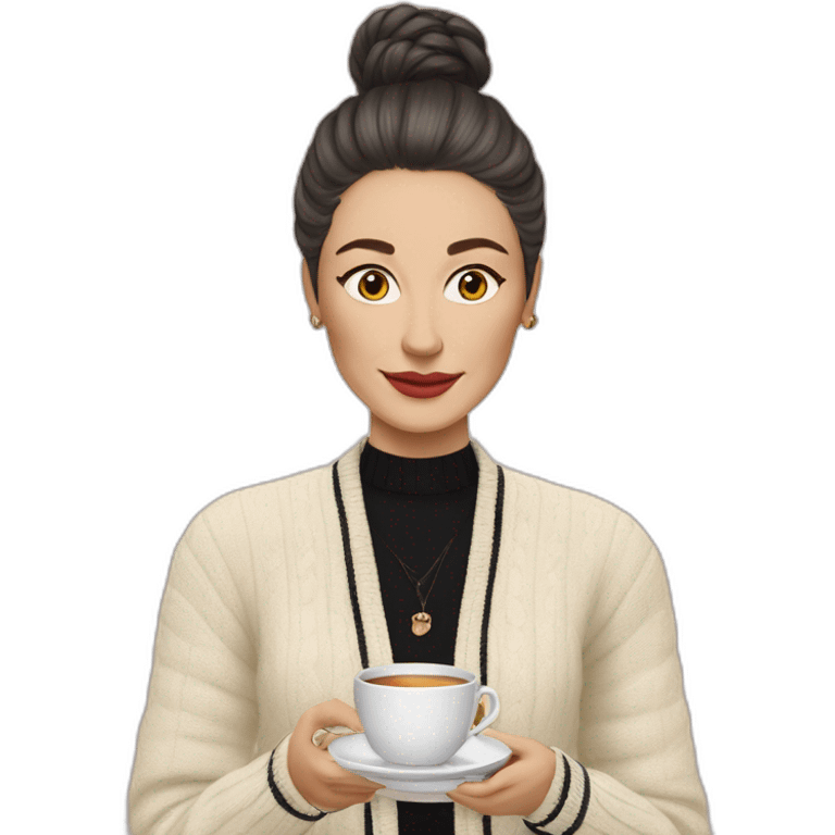 Romanian woman in Chanel cardigan drinks tea emoji